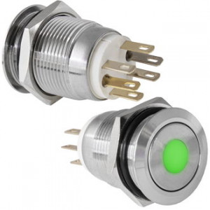 LAS1GQ-11D/G/N ON-(OFF)+OFF-(ON), Кнопка антивандальная металлическая без фиксации и точечной зеленой подсветкой, 5А 250В, резьба М19