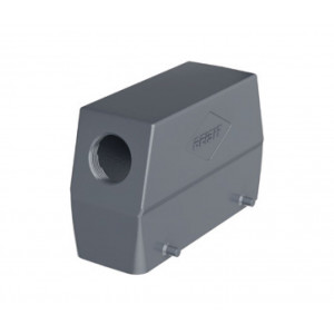 Крышка разъема H24B-SOH-4P-PG16, Крышка разъема на кабель, типоразмер 24B, высокое исполнение, без уплотнителя, 1 отверстие с резьбой для кабельных вводов PG16, с боковым расположением, без защелок (упоры для двух защелок), материал корпуса: алюминиевый сплав