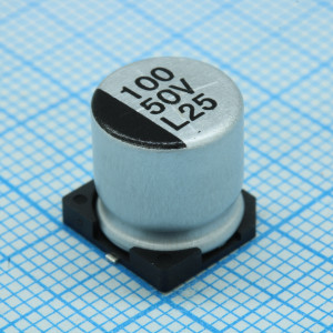 ELV101M50RF, Конденсатор алюминиевый электролитический 100мкФ 50В ±20% (10х10.5мм) для поверхностного монтажа 320мА 2000час 85°С лента на катушке