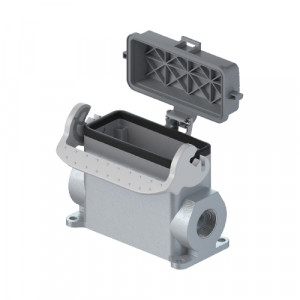 Закрытое основание разъема BAS GUT GT 24HM32 A1, Основание разъема на панель, закрытое, типоразмер 24B, высокое исполнение, с уплотнителем, 1 отверстие с резьбой для кабельных вводов M32x1,5, с правым расположением, с одной защелкой, с пластиковой защитной крышкой, материал корпуса: алюминиевый сплав