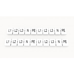 Маркировка (в кассетах) ZB8-10P-19-228Z(H), Кассета с маркировочными шильдиками, для клемм сечением 6 мм.кв., верхняя, 10 шильдиков, нанесенные символы: L1 L2 L3 N PE L1 L2 L3 N PE, с вертикальным расположением, размер шильдика: 7,45 x 10,7 мм, цвет: белый