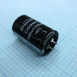 LGH112V2G3555CZVU2S00, Конденсатор радиальный алюминиевый с защёлкивающимися выводами 1100мкФ 400В ±20%, 100000 циклов разрядки, для импульсного применения