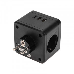 Двойник электрический Куб 16А с/з+2хUSB-A 2.4А+USB Type-C 3А с ночной подсветкой черн. 11-1252