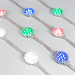 Модуль управляемый DMX-F10-D50 24V RGBW-Day (2W, IP68, 120 deg) 039489, Управляемый светодиодный модуль DMX, RGBW, микросхема UCS512-CL, напряжение 24 В, мощность 2 Вт, 10 светодиодов RGB SMD 3535, 3 светодиода Day 4000K SMD 3535, угол 120°. Создание медиафасадов, 30 шт на проводе, расстояние между центрами модулей 170 мм