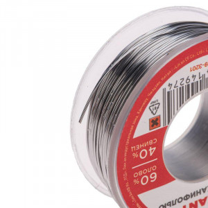 Припой с канифолью ПОС-60 100гр  0.5мм, Припой трубчатый с канифолью REXANT, 100 г, d0.5 мм, (олово 60%, свинец 40%), катушка, блистер