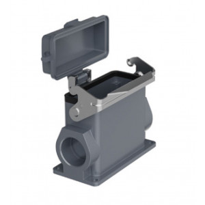 Закрытое основание разъема H16B-SMH-1L-PC-PG21, Основание разъема на панель, закрытое, типоразмер 16B, высокое исполнение, с уплотнителем, 1 отверстие с резьбой для кабельных вводов PG21, с одной металлической защелкой, с пластиковой защитной крышкой, материал корпуса: алюминиевый сплав