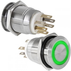 LAS1GQ-11E/G/N ON-(OFF)+OFF-(ON), Кнопка антивандальная металлическая без фиксации с кольцевой зеленой подсветкой, 5А 250В, резьба М19