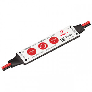 Диммер SMART-MINI-DIM (12-24V, 1x4A) 031600, Миниатюрный диммер для монохромной светодиодной ленты (ШИМ). Питание/рабочее напряжение 12-24VDC, максимальный ток 4A на канал, 1 канал, максимальная мощность 49-96W. Габариты 60x12.5x5 мм. Управление кнопками на корпусе диммера.