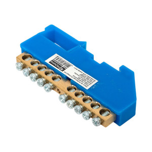 Шина нулевая N 6х9 10 отверстий синий изолятор на DIN-рейку латунь sn0-63-10-d-r