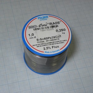 Припой Sn60Pb39Cu1 RA05  1.0мм 250гр, Припой трубчатый оловянно-свинцовый ПОС61, 2.5% флюс RA05 активный с низким содержанием галогенов (ROM1)