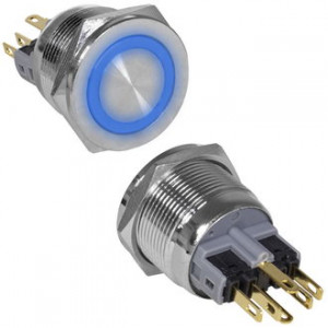 GQ22PF-11E/B/N ON-(OFF)+OFF-(ON), Антивандальная кнопка металлическая без фиксации с кольцевой подсветкой, посадочная резьба М22, контакт на замыкание и контакт на размыкание, контакты под пайку