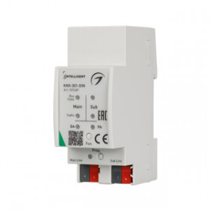 INTELLIGENT ARLIGHT Шинный соединитель KNX-301-DIN (BUS) 025681, Шинный соединитель KNX-KNX, для интеграции нескольких частей инсталляции. Встроенный фильтр телеграмм. Питание от шины, напряжение DC 20-30V. Размер 90х36х64 мм.