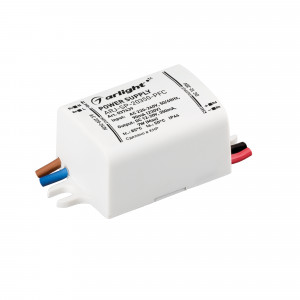 Блок питания ARJ-SP-20350-PFC (7W, 12-20V, 350mA) 037439, Источник тока с гальванической развязкой для светильников и мощных светодиодов. Входное напряжение 220-240 VAC. Выходные параметры: 12-20 В, 350 mА, 7 Вт. Встроенный PFC >0.8. Негерметичный пластиковый корпус IP 44. Габаритные размеры длина 55 мм, ширина