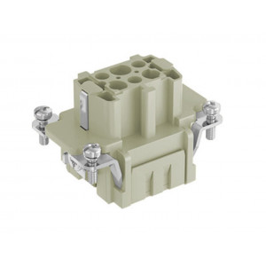 Розеточная контактная вставка HE-006-F, Розеточная контактная вставка, винтовая фиксация, 6 полюсов + PE, типоразмер 6B, 500V, 16A, сечение обслуживаемых проводников 1,0-2,5 мм кв, тип покрытия контактов: серебро