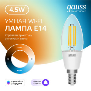 Лампа светодиодная умная филаментная LED 4.5 Вт 495 лм 2000-6500К E14 AC 220В IP20 изменение цветовой температуры и диммирование управление по Wi-Fi Smart Home 1250112