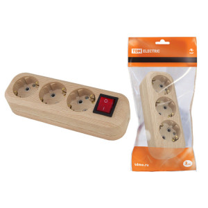 Колодка розеточная 3 гнезда 2П+3 с выключателем16А 250В "Эко" (сосна) SQ1806-0049