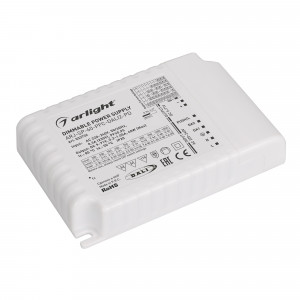 Блок питания ARJ-SP-60-PFC-DALI2-PD (60W, 9-71V, 0.35 -1.05A) 033732, Диммируемый мультитоковый блок питания с управлением DALI 2.0 (диапазон 0.1-100%) с гальванической развязкой. Функция PUSH DIM. Входное напряжение 220-240 VAC. Выходные параметры: 9-71В (350/500/550/650/700/750мA); 9-70В (850мA); 9-66В (900мA); 9-60В (100