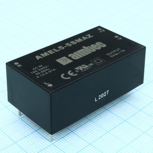 AMEL5-5SMAZ, AC/DC, 5Вт, вход 90…264В, выход 5В/1А, изоляция 4000В AC, КПД 74%, максимальная емкостная нагрузка не более 1100мкФ, 51.5x28x17.8мм, -40…80°C, пластик
