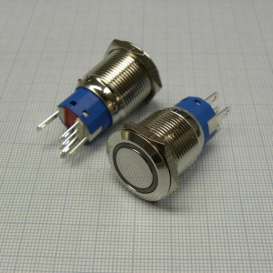 DS PS-64 БФК подсветка 220V, Антивандальная кнопка без фиксации, 1группа на переключение, 220В 5А, красная светодиодная подсветка на 220В, диаметр резьбы 19мм