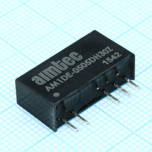 AM1DE-0505DH30Z, DC/DC, 1Вт, вход 4.5…5.5В, выход ±5В/±0.1А, изоляция 3000В DC, КПД 80%, максимальная емкостная нагрузка не более ±100мкФ, SIP7, 19.5x6x10мм, -40…105°C, пластик