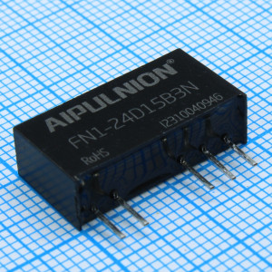 FN1-24D15B3N, DC/DC, 1Вт, вход 21.6…26.4В, выход ±15В/±0.033А, изоляция 3000В DC, КПД 75…79%, максимальная емкостная нагрузка не более 220мкФ, SIP7, 19.65x6x10.16мм, -40…105°C, пластик