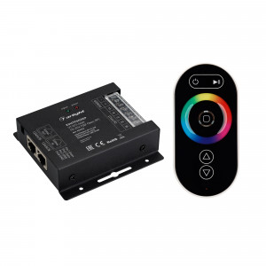 Контроллер VT-S17-4x6A (12-24V, ПДУ Овал, RF) 023322, 4-канальный RGBW контроллер с сенсорным радиопультом Овал черного цвета. Питание 12-24VDC, макс.ток 4х6A, максимальная мощность 288-576W. Габариты контроллера 91х88х24 мм.