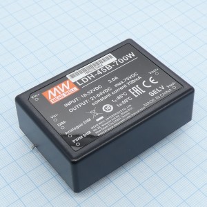 LDH-45B-700W, DC/DC LED повышающий, вход 18…32В, выход 21…64В/0.7А, КПД до 95%, вход On/Off/DIMM, 75x53x22.7мм, проводные выводы, -40…70°C, пластик