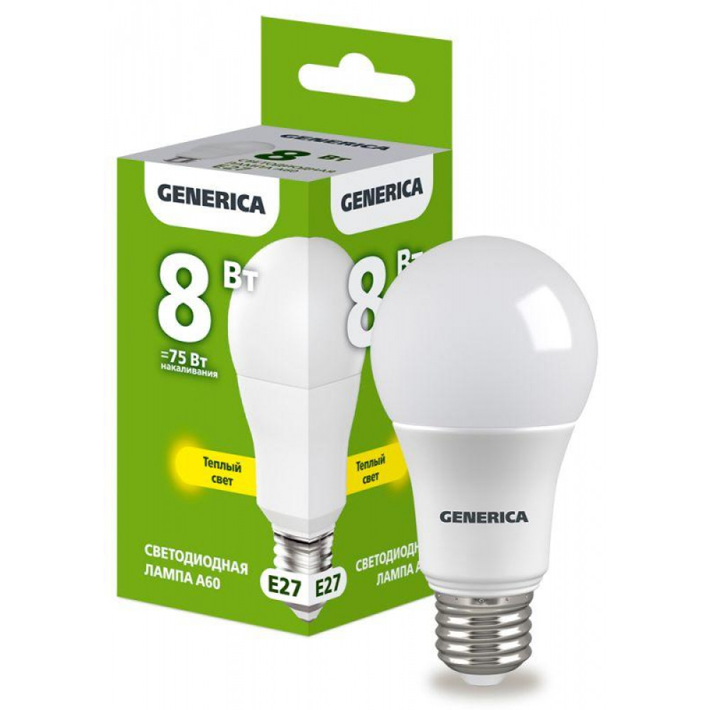 Изображение товара Лампа светодиодная A60 8Вт грушевидная 3000К E27 230В LL-A60-08-230-30-E27-G