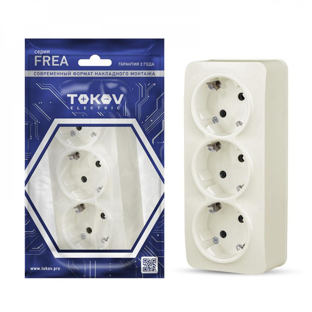 Изображение товара Розетка 3-м ОП Frea 16А IP20 заземление АБС бежевый TOKOV ELECTRIC