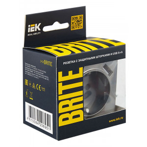 Розетка BRITE РЮш10-1-БрС 16А с USB A+A 2.1А с заземл. защ. шторки сталь BR-R14-16-U21-D21-K46