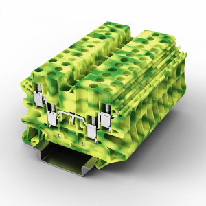 Заземляющая клемма UUK-2.5/2-2PE, Заземляющая клемма, 4 точки подключения, тип фиксации провода: винтовой, номинальное сечение: 2,5 мм кв., 500V, ширина: 5,2 мм, цвет: желто-зеленый, тип монтажа: DIN35