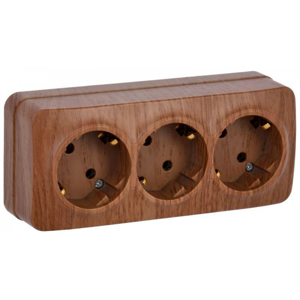 Изображение товара Розетка 3-м ОП GLORY РС23-3-ХД 16А с заземлением цвет дуб