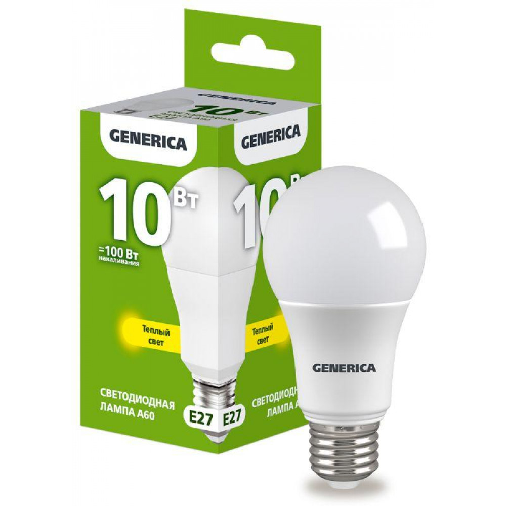Изображение товара Светодиодная лампа A60 10Вт грушевидная E27 3000K 230V GENERICA