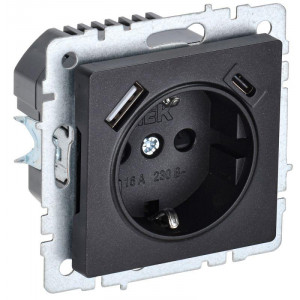 Розетка BRITE РЮш11-1-БрЧ 16А с USB A+C 18Вт с заземл. защ. шторки черн. BR-R14-16-U22-018-K02