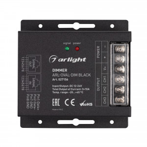Диммер ARL-OVAL-DIM Black (12-24V, 3x10A, ПДУ Овал, RF, RJ45) 027156, Диммер (овальный черный радиопульт с 5 кнопками и сенсорным кольцом). Управление яркостью с помощью сенсор. кольца, 12-24V, 360-720W, 10A/канал, 3 параллельных канала. Габариты диммера 91x80x24 мм, габариты пульта 114х55х22 мм.