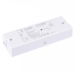 Диммер SR-1009AC (230V, 2x1.2A) 020730, Диммер с RF управлением (пульт поставляется отдельно) и выходом TRIAC/MOSFET с возможностью переключения фронтов LEADING/TRAILING. Мощность активной нагрузки (лампы накаливания) макс. 2х288 Вт. Полная мощность для электронной нагрузки (диммеры) макс. 2х72