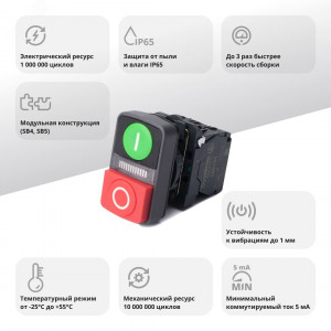 Кнопка двойн SB5 в сборе модуль 22мм зI+сиг ламп+кр выстО пластик 230ВАС 1НО+1НЗ SB5AW73731M5