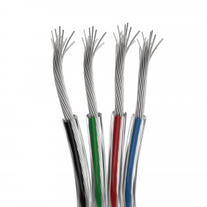 Шлейф питания ARL-20AWG-CLEAR-4Wire-CU 034963, Шлейф для питания и управления RGB светодиодными лентами. 4 проводника, калибр проводника 20AWG, сечение проводника 0.52 мм2, проводник из луженой меди, внешняя оболочка из прозрачного ПВХ. Длина кабеля в бухте — 50 метров