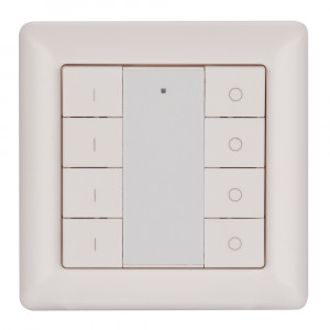 INTELLIGENT ARLIGHT Панель DALI-223-4G-DIM-IN (BUS) 026347, Встраиваемая кнопочная белая пластиковая панель для работы по протоколу DALI. Управление 4-мя группами. Установка номера первой группы выполняется переключателями на корпусе. Объекты управления: BROADCAST или группы 0-14 (15-я группа не управляется)