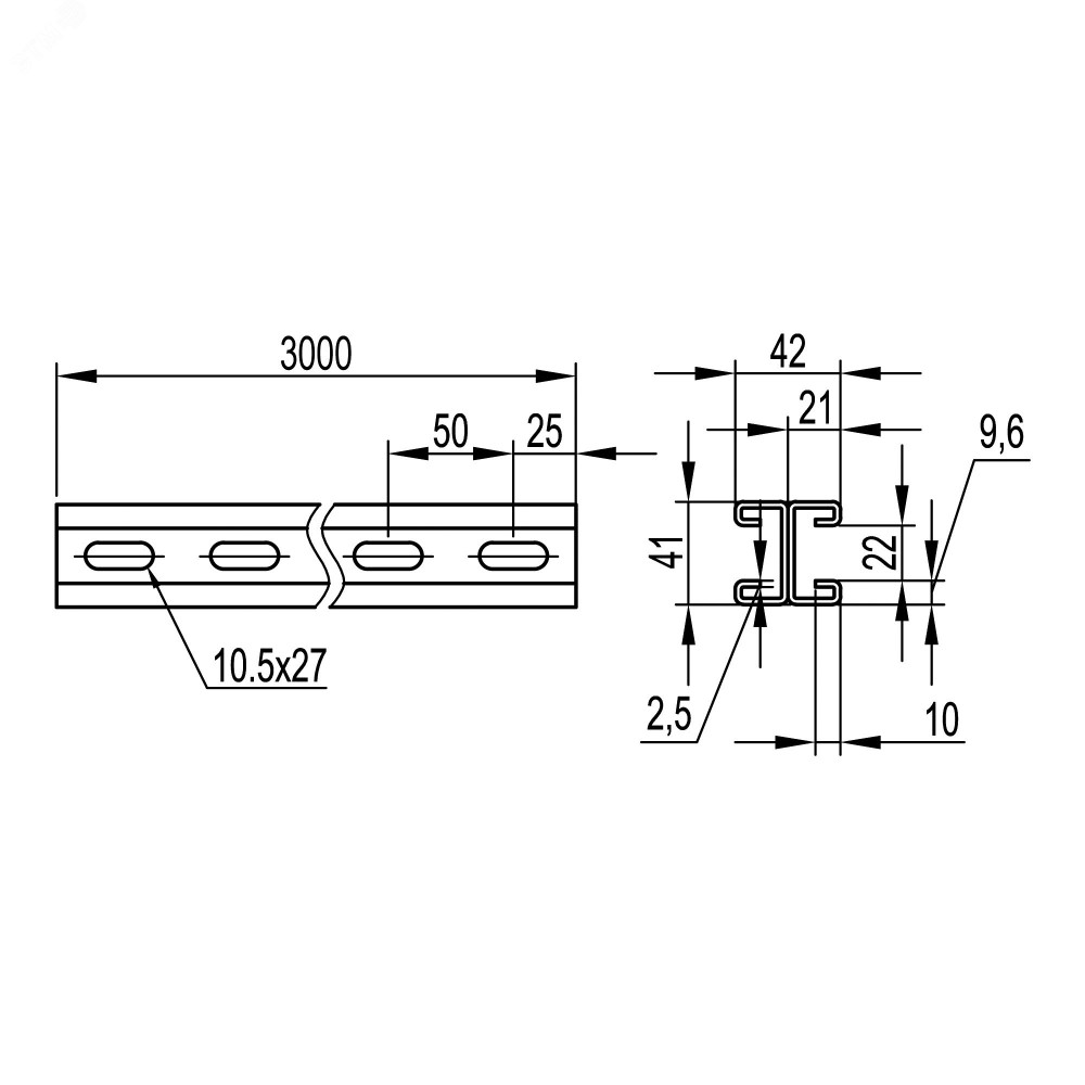 Изображение товара Двойной С-образный профиль 41х21, L3000, толщина 2,5 мм, оцинкованный
