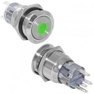 LAS1-AGQ-11ZD/G/N ON-ON, Кнопка антивандальная металлическая с фиксацией с точечной подсветкой зеленого цвета, 5А 250В, резьба М19