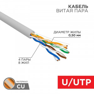 Кабель UTP 4PR 24AWG, CU серый, внутренний без экрана, CAT5e, одножильный, бухта 100м