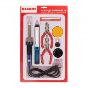 Набор для пайки REXANT -13, паяльник 30Вт, подставка, канифоль, припой, бокорезы, тонкогубцы
