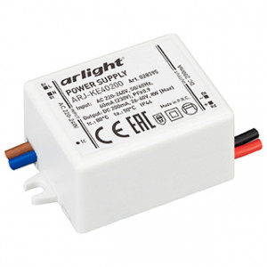 Блок питания ARJ-KE40200 (8W, 200mA, PFC) 028395, Источник тока с гальванической развязкой для светильников и мощных светодиодов. Входное напряжение 220-240 VAC. Выходные параметры: 26-40 В, 200 mА, 8 Вт. Встроенный PFC >0,95. Негерметичный пластиковый корпус IP 20.