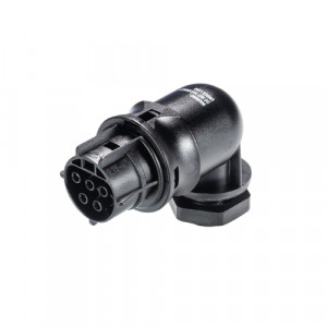 Розеточный разъем в панель RST20I5S B1 M90 SW, Розеточный разъем в панель, М20, 5 полюсов, угловой 90 гр., тип фиксации провода: винтовой,номинальные характеристики: 250/400V, 20A, цвет корпуса: черный, цвет контактной вставки: черный, серия RST Classic