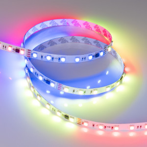 Лента DMX-B60-10mm 24V RGB-PX6 (14 W/m, IP20, 5060, 5m) 039183, Светодиодная лента DMX-B60, открытая IP20, с микросхемой GS8516. Светодиоды 5060, 60 шт/м (1 pixel = 6 LED), белая плата, скотч 3М. Цвет RGB, угол 120°. Питание 24 В, мощность 14 Вт/м (70 Вт на 5 м). Размеры 5000x10x1.8 мм. Мин. отрезок 100 мм, 6 светодио