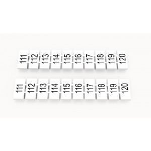ZB5-10P-19-831Z(H), Маркировочные шильдики для клемм WS…, DC…, PC…, сечением 2,5 мм кв., центральная, 10 шильдиков, нанесенные символы: 111-120 с горизонтальным расположением, размер шильдика: 4,55х10,7 мм, цвет белый