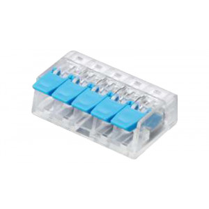 Рычажная клемма, строительная,PCT-415-2, Рычажная клемма, соединительная, универсальная, 5 полюсов, сечение проводника 0,08 - 4,0 мм кв., 250V, 32A,цвет корпуса: прозрачный, цвет рычагов: синий,в упаковке 30 штук (Аналог 221-415)