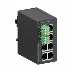 Коммутатор WIENET UMS 6, Коммутатор серии WieNet, неуправляемый, 6 портов RJ45 скорость передачи 100/1000 MBit/s, номинальное напряжение: 9-30 VDC, монтаж: на DIN рейку, материал корпуса: алюминий