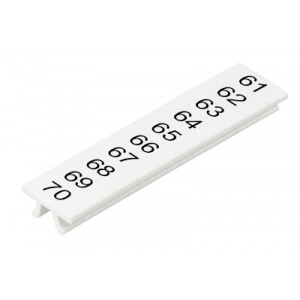 Маркировка для клемм (полоска) M1.008.0104.1, Маркировочные шильдики, для клемм сечением 1,5 мм.кв., WKF 1.5, верхняя, 10 шильдиков, нанесенные символы: 61...70, с горизонтальным расположением, размер шильдика: 4 x 10,5 мм, цвет: белый